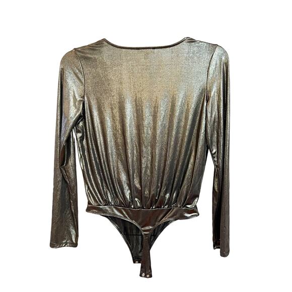 Express Silver Metallic Thong Deep Wrap V-Neck Long Sleeve Bodysuit Small - Picture 2 of 6